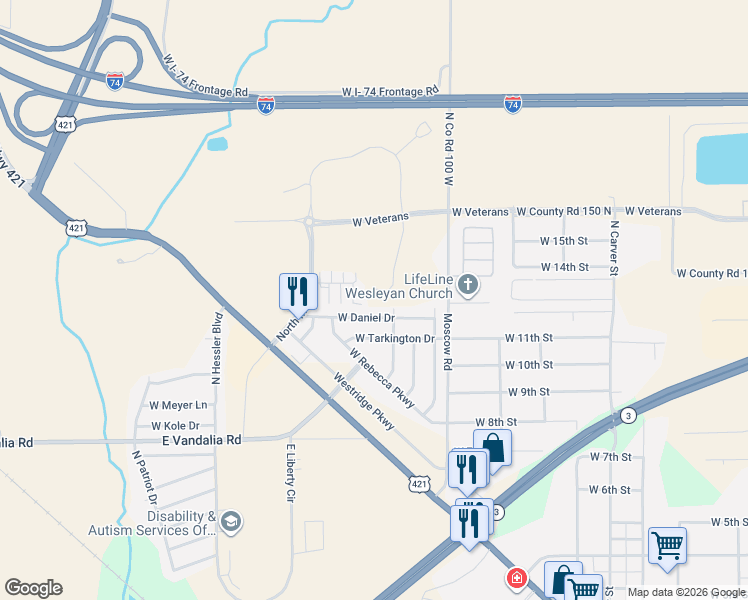 map of restaurants, bars, coffee shops, grocery stores, and more near 1412 West Daniel Drive in Greensburg