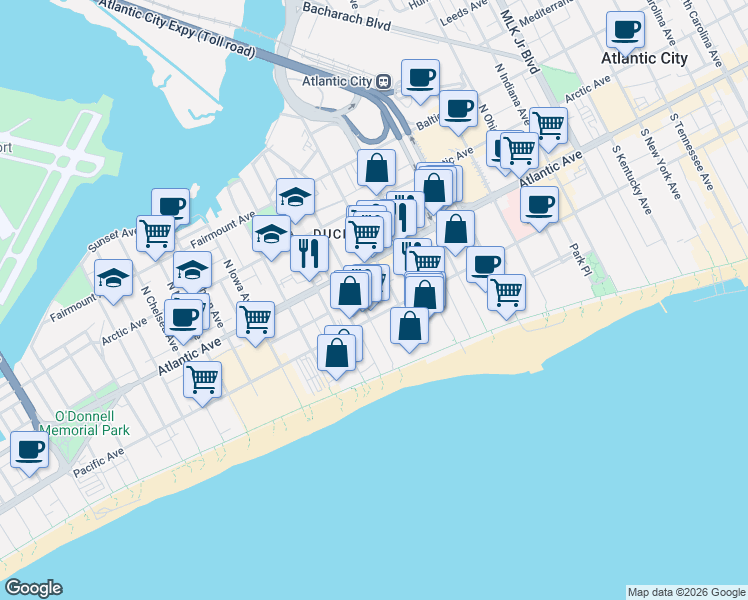 map of restaurants, bars, coffee shops, grocery stores, and more near 2415 Pacific Avenue in Atlantic City