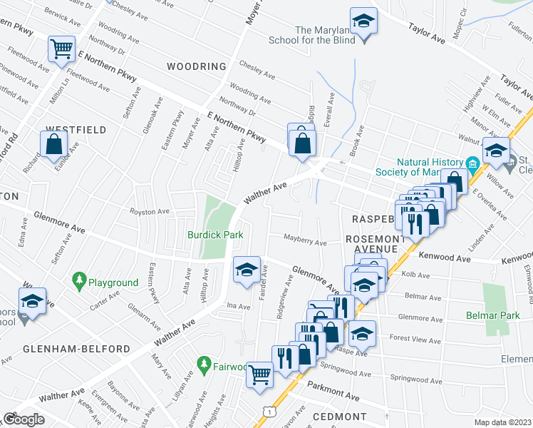 map of restaurants, bars, coffee shops, grocery stores, and more near 6414 Fairdel Avenue in Baltimore