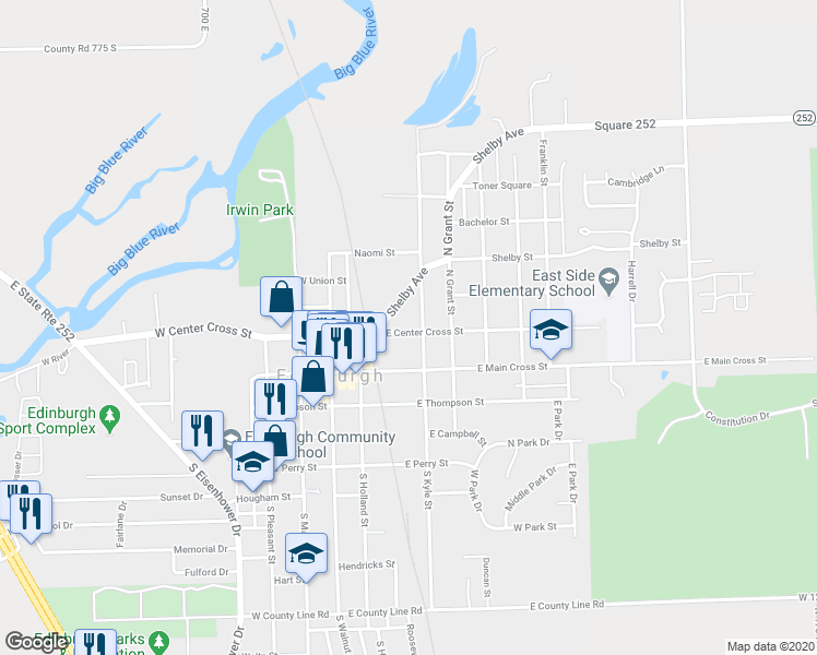 map of restaurants, bars, coffee shops, grocery stores, and more near 304 East Center Cross Street in Edinburgh