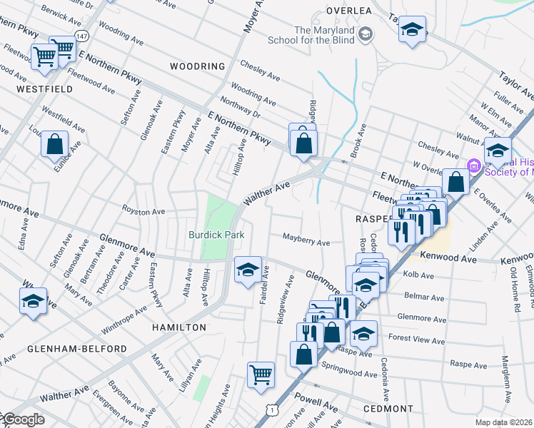 map of restaurants, bars, coffee shops, grocery stores, and more near 6414 Fairdel Avenue in Baltimore