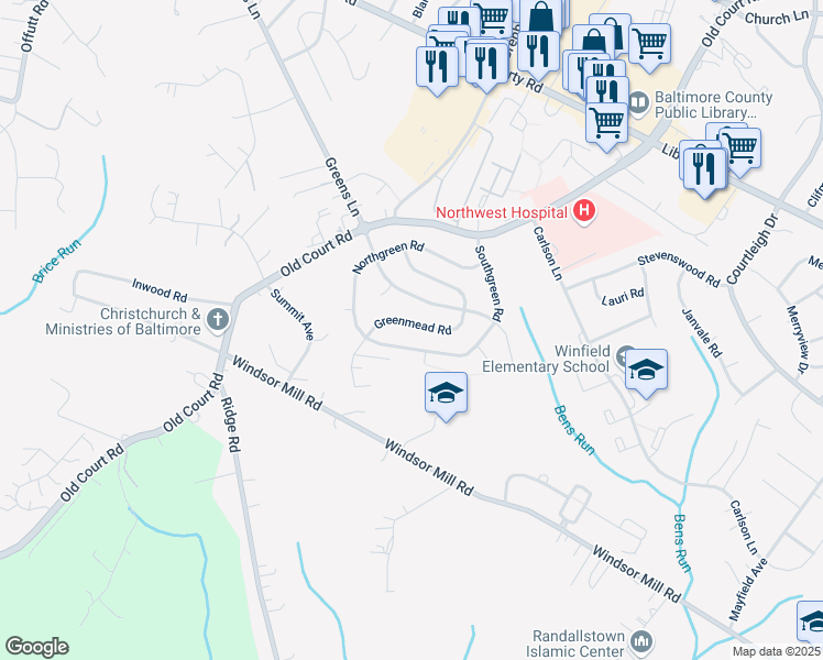 map of restaurants, bars, coffee shops, grocery stores, and more near 3213 Greenmead Road in Milford Mill