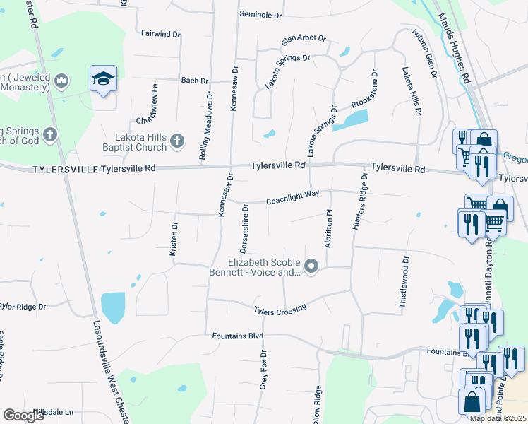 map of restaurants, bars, coffee shops, grocery stores, and more near 7883 Merryman Way in Butler County