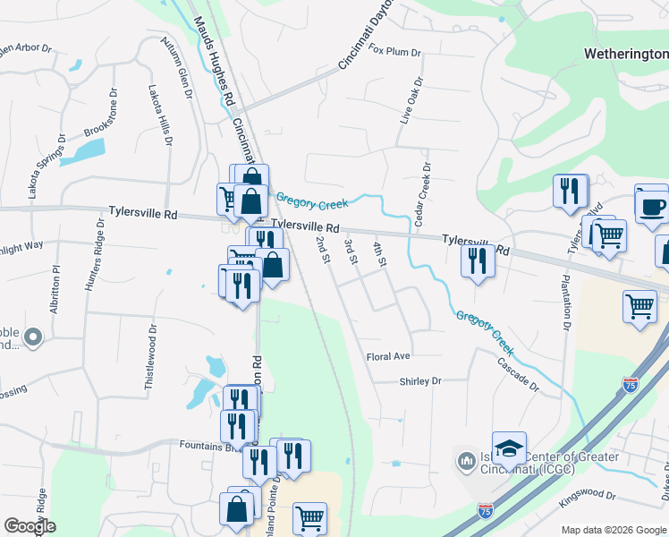 map of restaurants, bars, coffee shops, grocery stores, and more near 7860 2nd Street in Butler County