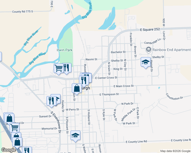 map of restaurants, bars, coffee shops, grocery stores, and more near 304 East Center Cross Street in Edinburgh