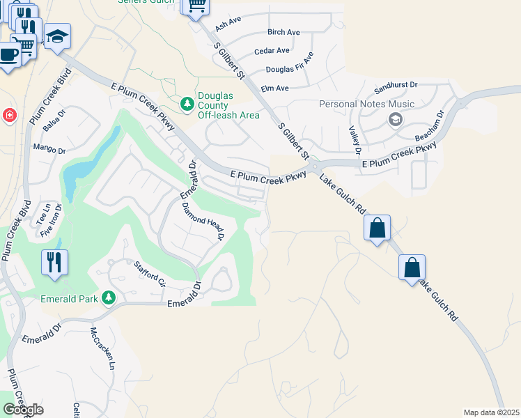 map of restaurants, bars, coffee shops, grocery stores, and more near 1652 Cherry Hills Lane in Castle Rock