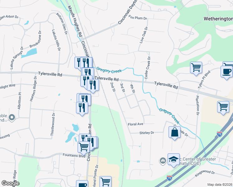 map of restaurants, bars, coffee shops, grocery stores, and more near 7860 2nd Street in Butler County