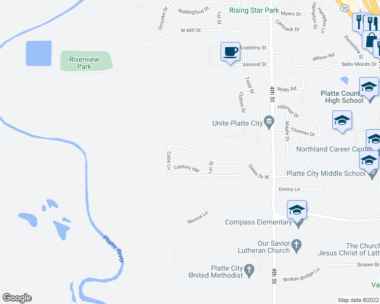 map of restaurants, bars, coffee shops, grocery stores, and more near 1865 Gates Drive West in Platte City