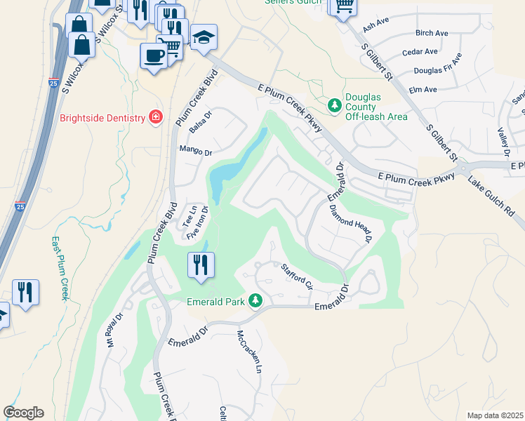 map of restaurants, bars, coffee shops, grocery stores, and more near 1527 Peninsula Circle in Castle Rock
