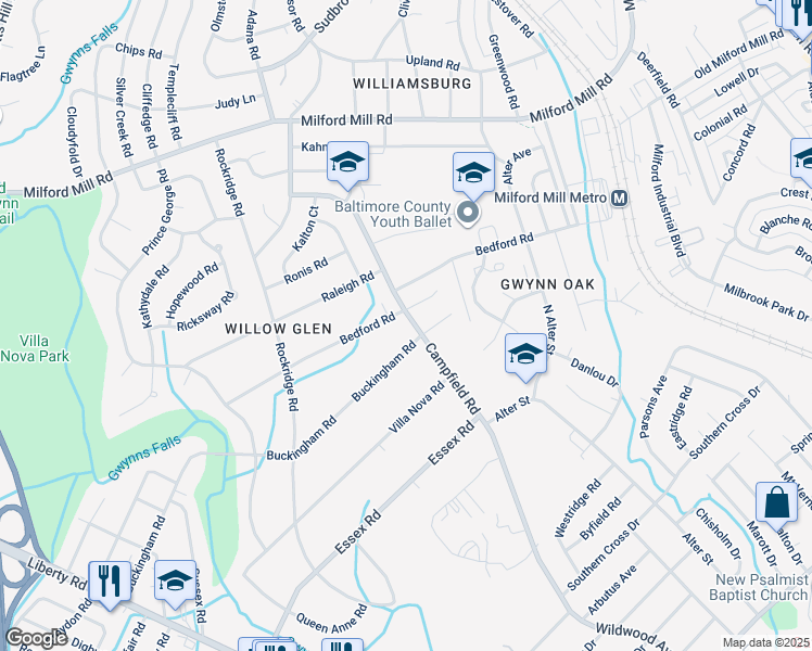 map of restaurants, bars, coffee shops, grocery stores, and more near 7141 Campfield Road in Baltimore