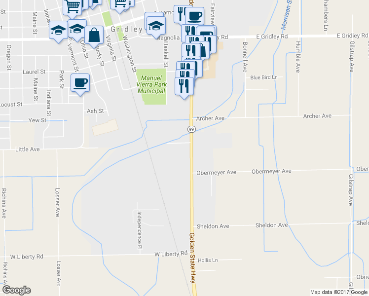 map of restaurants, bars, coffee shops, grocery stores, and more near 16 Evelyn Dr in Gridley