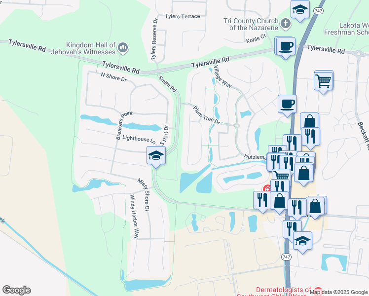 map of restaurants, bars, coffee shops, grocery stores, and more near 8111 Vegas Court in Butler County