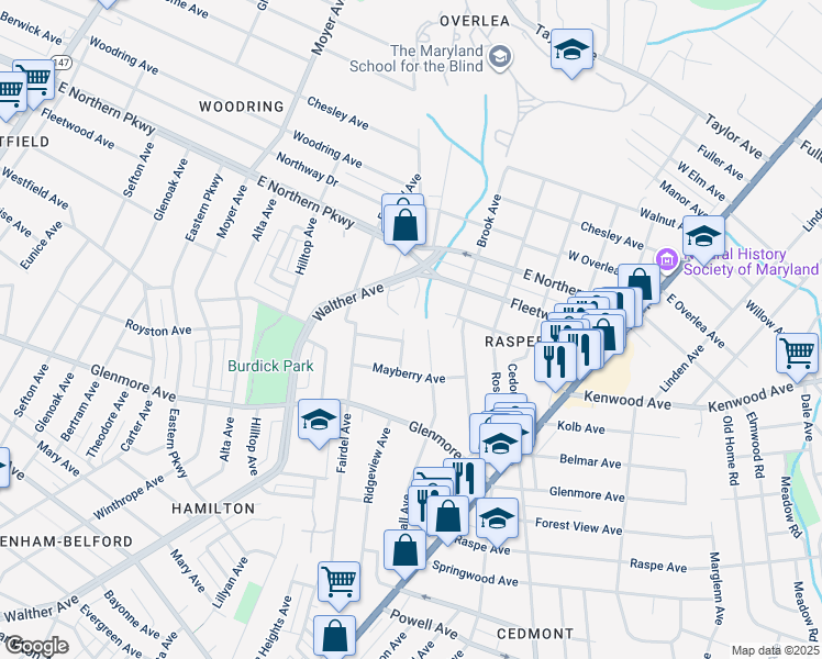 map of restaurants, bars, coffee shops, grocery stores, and more near 6421 Ridgeview Avenue in Baltimore