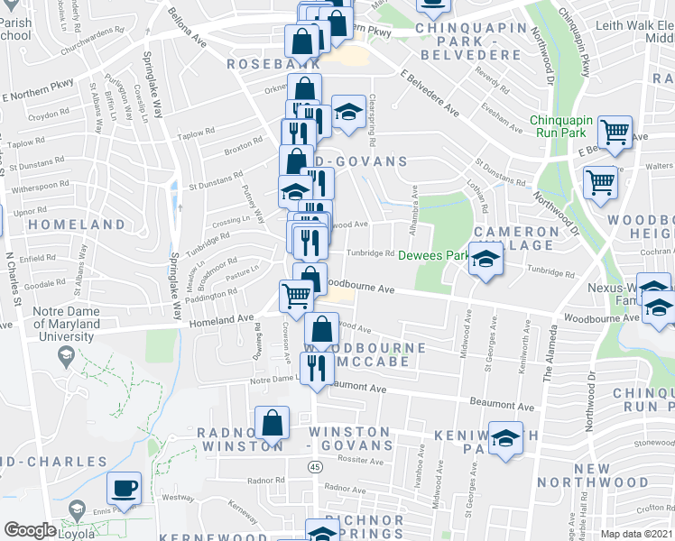 map of restaurants, bars, coffee shops, grocery stores, and more near 5400 Ready Avenue in Baltimore