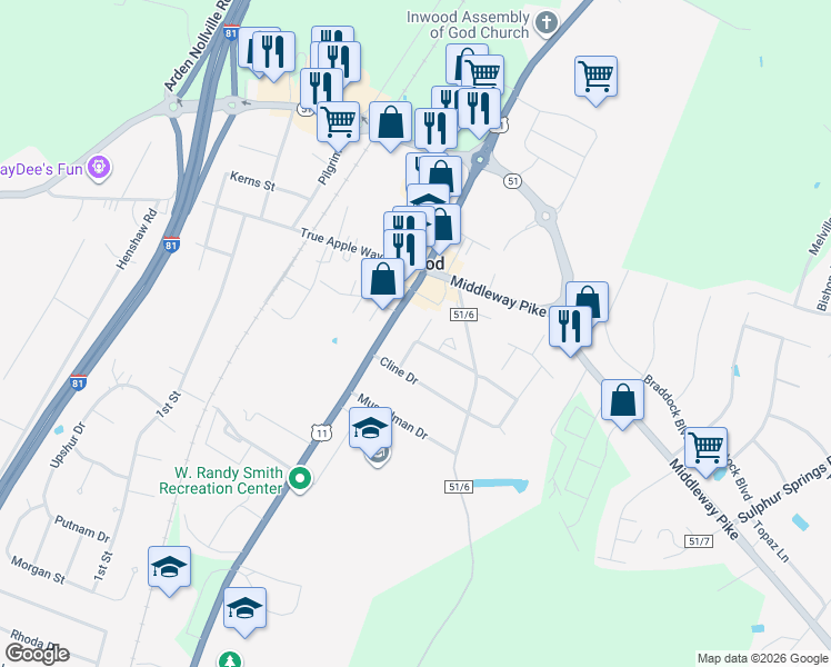 map of restaurants, bars, coffee shops, grocery stores, and more near 61 Mystical Way in Inwood