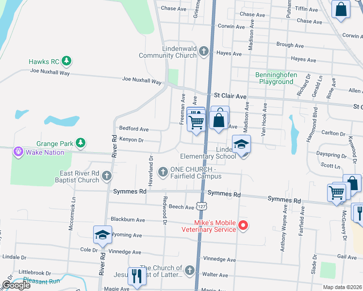 map of restaurants, bars, coffee shops, grocery stores, and more near 4120 Freeman Avenue in Hamilton