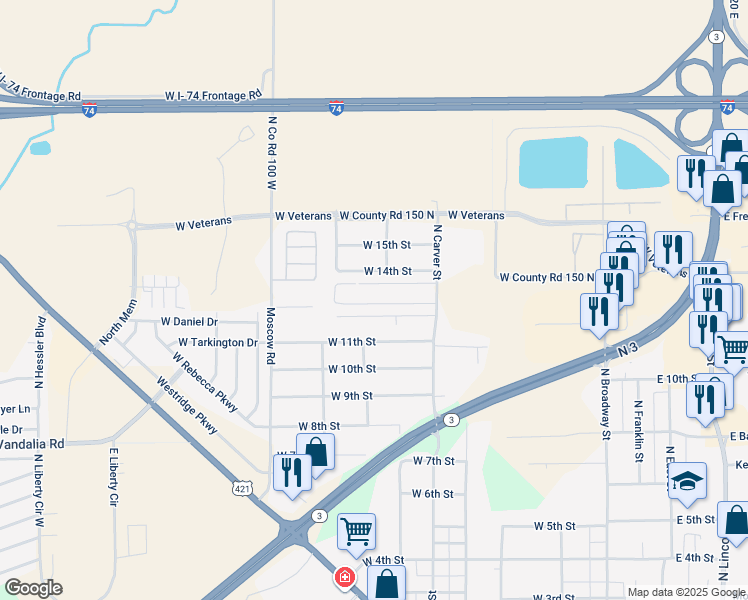 map of restaurants, bars, coffee shops, grocery stores, and more near 1939 North Carver Street in Greensburg
