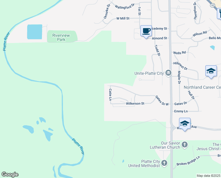 map of restaurants, bars, coffee shops, grocery stores, and more near 2105 Catie Lane in Platte City