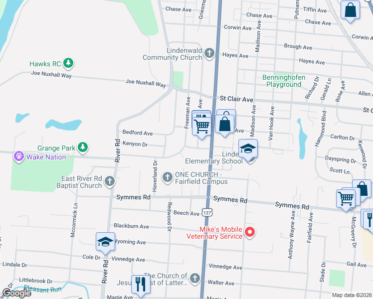 map of restaurants, bars, coffee shops, grocery stores, and more near 4120 Freeman Avenue in Hamilton