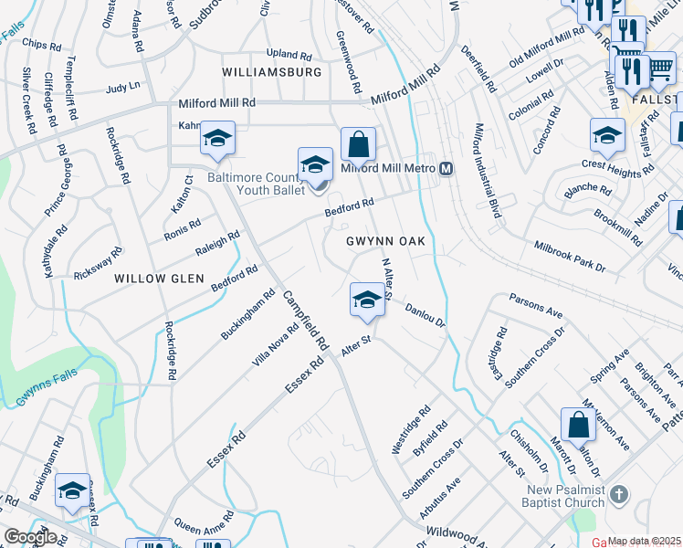 map of restaurants, bars, coffee shops, grocery stores, and more near 4226 Red Haven Road in Pikesville