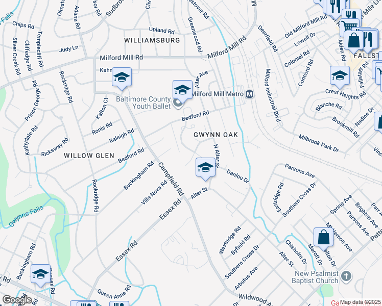 map of restaurants, bars, coffee shops, grocery stores, and more near 4226 Red Haven Road in Pikesville