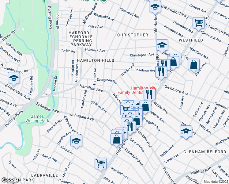 map of restaurants, bars, coffee shops, grocery stores, and more near 2602 Wisteria Avenue in Baltimore