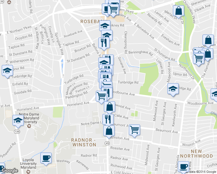 map of restaurants, bars, coffee shops, grocery stores, and more near 5409 York Road in Baltimore