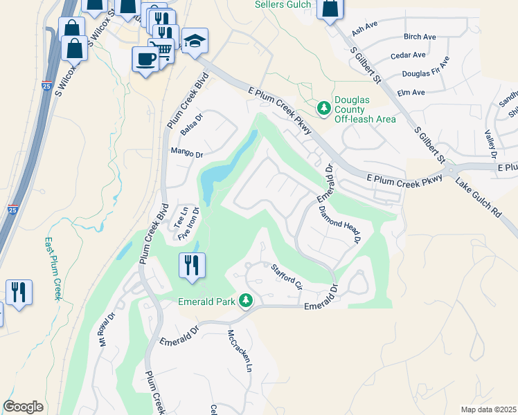 map of restaurants, bars, coffee shops, grocery stores, and more near 1511 Peninsula Circle in Castle Rock