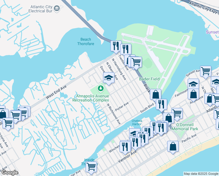 map of restaurants, bars, coffee shops, grocery stores, and more near 4101 Filbert Avenue in Atlantic City