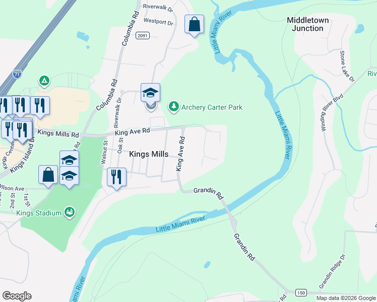 map of restaurants, bars, coffee shops, grocery stores, and more near 5505 Kings View Court in Kings Mills
