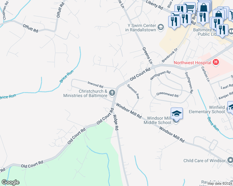 map of restaurants, bars, coffee shops, grocery stores, and more near 5713 Old Court Road in Milford Mill