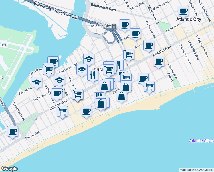 map of restaurants, bars, coffee shops, grocery stores, and more near in Atlantic City
