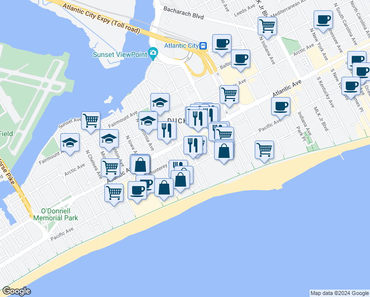 map of restaurants, bars, coffee shops, grocery stores, and more near in Atlantic City