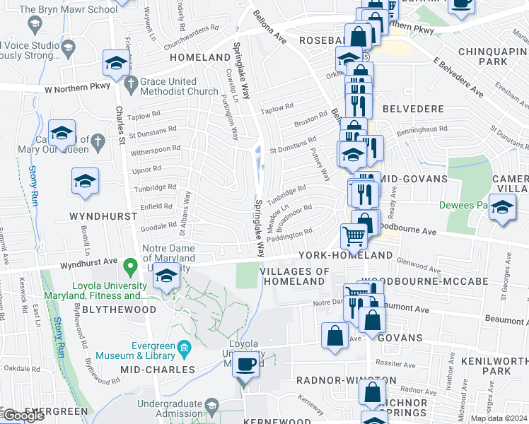 map of restaurants, bars, coffee shops, grocery stores, and more near 5111 Springlake Way in Baltimore