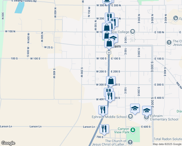 map of restaurants, bars, coffee shops, grocery stores, and more near 131 West 200 South in Ephraim
