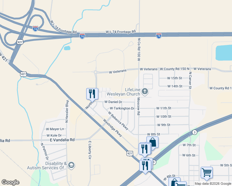 map of restaurants, bars, coffee shops, grocery stores, and more near 1412 West Daniel Drive in Greensburg