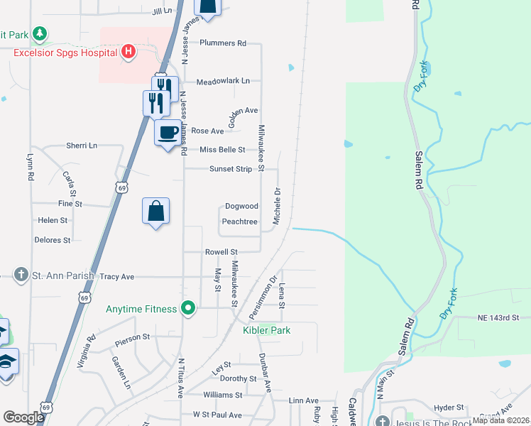 map of restaurants, bars, coffee shops, grocery stores, and more near 1202 Michele Drive in Excelsior Springs