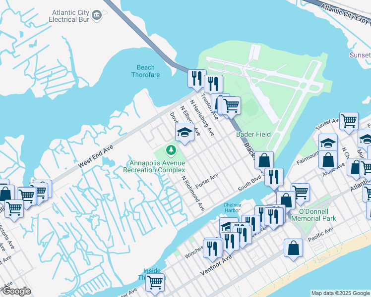 map of restaurants, bars, coffee shops, grocery stores, and more near 4101 Filbert Avenue in Atlantic City
