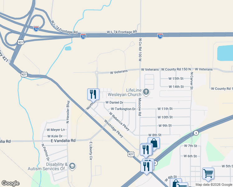 map of restaurants, bars, coffee shops, grocery stores, and more near 1412 West Daniel Drive in Greensburg