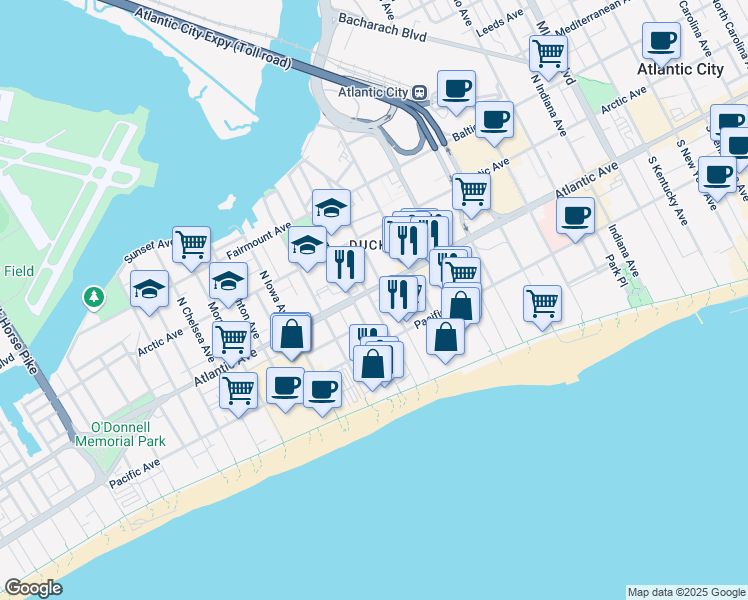 map of restaurants, bars, coffee shops, grocery stores, and more near in Atlantic City