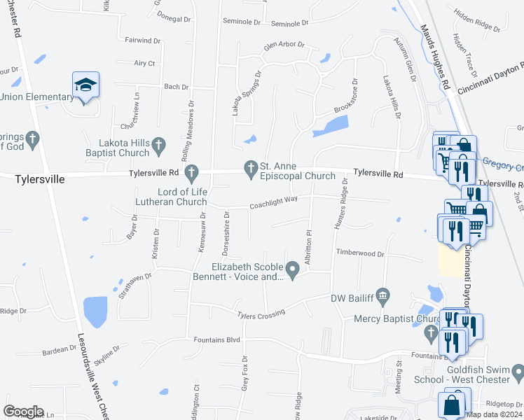 map of restaurants, bars, coffee shops, grocery stores, and more near 6479 Coachlight Way in Butler County