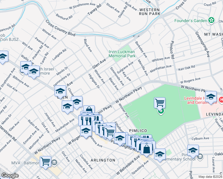 map of restaurants, bars, coffee shops, grocery stores, and more near 5707 Winner Avenue in Baltimore