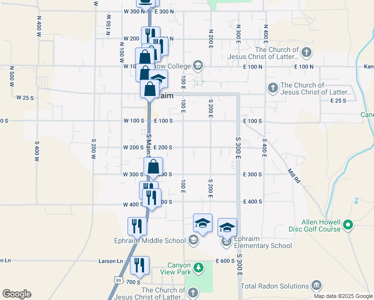 map of restaurants, bars, coffee shops, grocery stores, and more near 106 East 200 South in Ephraim