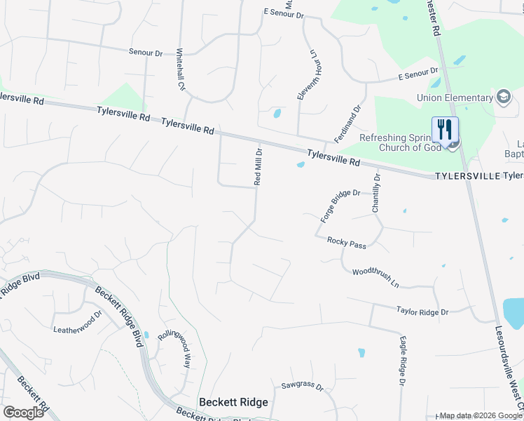 map of restaurants, bars, coffee shops, grocery stores, and more near 7938 Red Mill Drive in Beckett Ridge