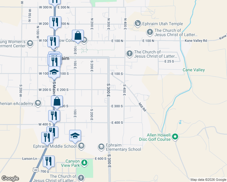 map of restaurants, bars, coffee shops, grocery stores, and more near 245 South 300 East in Ephraim