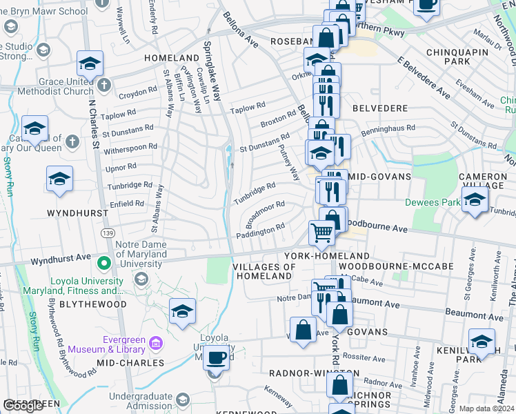 map of restaurants, bars, coffee shops, grocery stores, and more near 320 Broadmoor Road in Baltimore