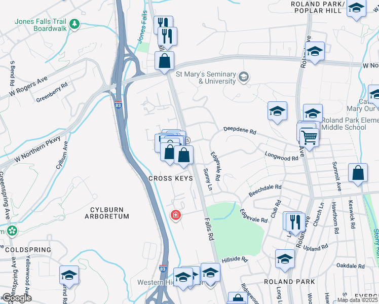 map of restaurants, bars, coffee shops, grocery stores, and more near Falls Road & Cross Keys Road in Baltimore