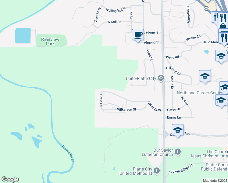 map of restaurants, bars, coffee shops, grocery stores, and more near 1864 Gates Drive West in Platte City