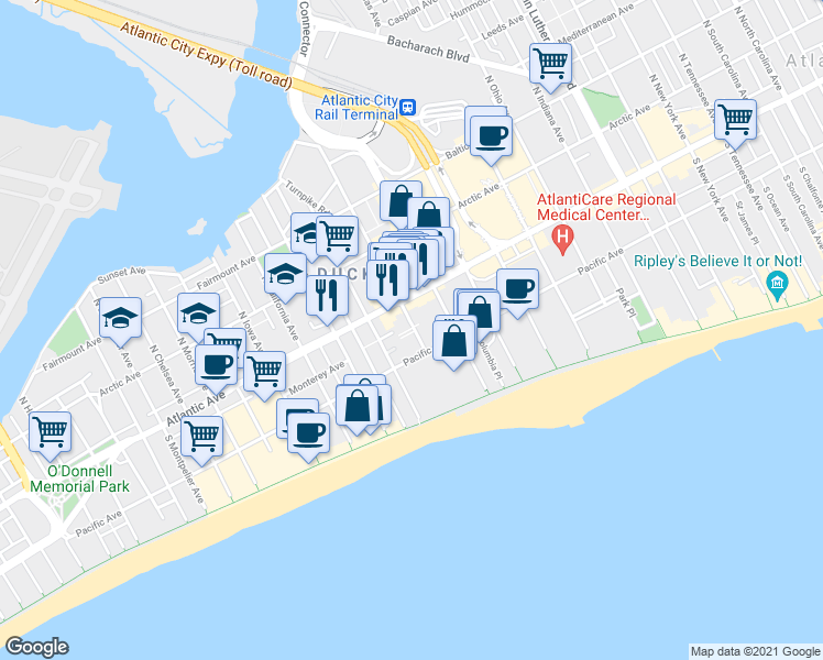map of restaurants, bars, coffee shops, grocery stores, and more near 24 Long Terrace in Atlantic City