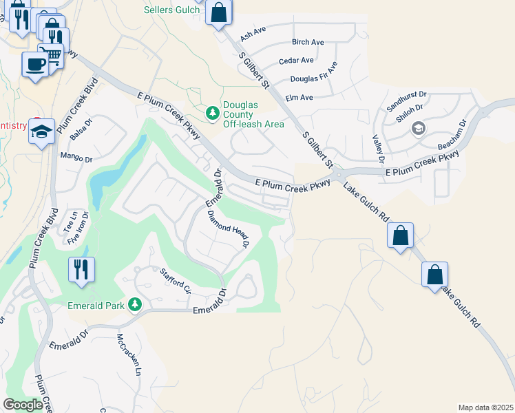 map of restaurants, bars, coffee shops, grocery stores, and more near 1492 Royal Troon Drive in Castle Rock